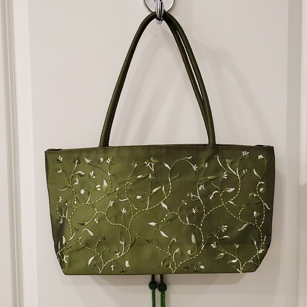 Green Silk Style Purse/Tote with Embroidery - Picture 2 of 4